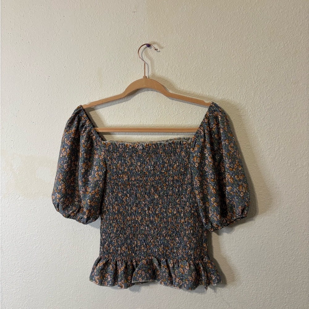 SHEIN Floral Puff Sleeve Blouse - Blue and Orange